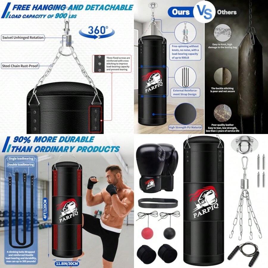 4FT Hanging Punching Bag For Adults New Upgrade Heavy Unfilled PU Boxing Bag Set With 12oz Boxing Gloves Punch Bag For MMA Karate Kickboxing Muay Thai Training - 黑色 - 查看 1
