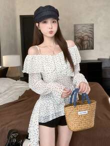 秋季女士波尔卡圆点不对称露肩衬衫，法式复古荷叶边露肩长袖衬衫 - 白色 - 查看 2