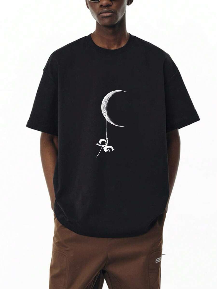 disfraz halloween hombre,camisas de hombre,ropa de hombre,playera de hombre,Camiseta de Manga Corta 100% Algodón - Cuello Redondo Negro, con Estampado Creativo de Patrón de Astronauta en la Luna con Estilo Divertido en el Frente, Estilo Fashion, Aireada, Cómoda y Suave para la Piel - Negro - Ver 1