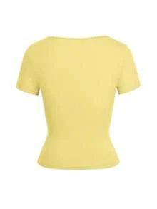 Vaiaye Top court ajusté sexy style Y2K à col carré tricoté de couleur unie avec design à la taille, convient pour le port casual quotidien et les tenues du Nouvel An - Jaune citron - Voir 4