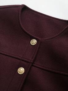 Gold Button Contrast Color Round Neck Casual Versatile Women's Fashionable Soft Jacket - Burgundy - View 3