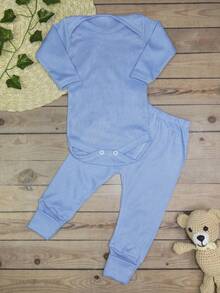 4 Piece Set Long Sleeve Bodysuit With Booties, Hairband And Ribbed Knit Pants / Baby Girl Set With Booties And Hair Bow Blue BB - Blue - View 6