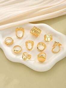 10pcs Set Vintage Old Coin Style Asymmetrical Geometric Open Ring For Women,Suit For Vacation, Party, Date, Daily Wear, Gift (No Box) - Yellow Gold 3 - View 3