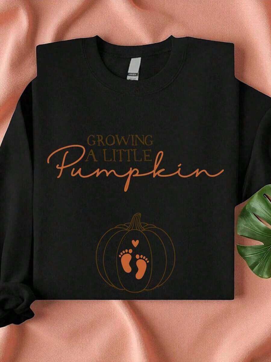 Growing A Little Pumpkin Sweatshirt, Pumpkin Pregnancy Announcement Sweatshirt, Thanksgiving Maternity Sweatshirt, Halloween Gender Reveal Gift For Her-New Autumn/Winter Collection: Unisex Loose-Fit Cotton Blend Long-Sleeve Crew Neck Sweatshirt,Fall Hoodies,Men's Fall Clothes,Street Wear,Halloween,Mens Hoodies,Y2k Clothes,Jesus Hoodie,Thanksgiving Day,Nightmare Before Christmas,Christmas - 黑色 - 查看 1