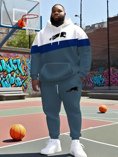Pattern Color Block Plus Size Men Hooded Sweatsuit Set, Spring, Autumn & Winter Sports Outfit - Loose Fit, Plus Size, Comfortable Loose Hoodie + Drawstring Sweatpants, Street Hip-Hop Versatile
