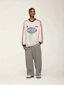 INFLATION 竖条纹数码印花长袖复古棒球运动休闲T恤，秋冬新品 - 杏色 - 查看 2