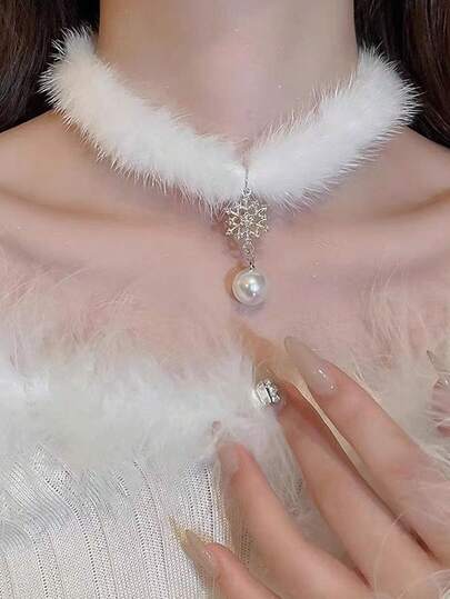 1 件时尚蓬松雪花圣诞项链，毛绒颈圈，圣诞礼物，适合任何场合的女性