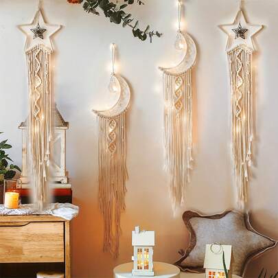 2/1pc Boho Macrame Woven Wall Hanging, Crochet Crescent Moon Star Dream Catcher With Long Tassel- White Cotton Handmade Bohemian Home Decor Decoration Art Craft For Kids Bedroom Dorm Room Holiday Gift Decoration