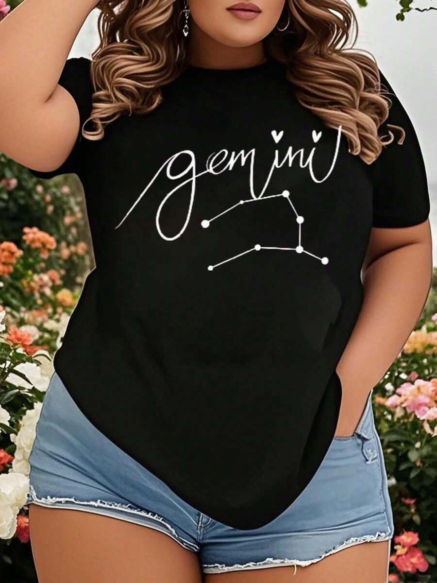 Gemini Zodiac Constellation T-Shirt For Women Plus Size - Black Graphic Tee With Astrology Design, Perfect For Gemini Birthdays, Star Signs Lovers, And Summer Casual Wear - 黑色 - 查看 1