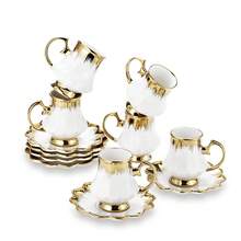6件套咖啡杯碟套装，金边咖啡杯碟套装，陶瓷浓缩咖啡杯碟套装，小号卡布奇诺杯碟套装，瓷质双份浓缩咖啡杯套装，金边陶瓷土耳其咖啡杯，6件套茶杯套装，法压咖啡杯，摩卡咖啡杯，拿铁咖啡杯，白色