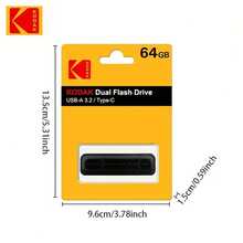 Kodak 柯达双口USB闪存盘，USB 3.2 Gen 1 OTG便携式USB闪存盘，32GB/64GB，128GB/256GB，兼容手机和电脑 - 黑色 - 查看 8