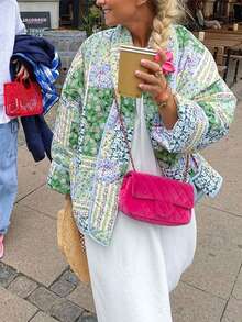 Women's Puffer Jacket Quilted Open Front Cardigan Coat Lightweight Floral Print Loose Long Sleeve Lounge Lazy Outerwear - màu xanh lá - Xem 7