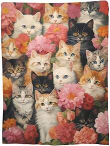 Adorable Cat Blanket Gift For Floral Enthusiasts Girls Ladies Cat Flower Flannel Throw Blanket For Home Sofa Bed Couch Soft Christmas Lightweight Decor All Seasons 60x 50inch - 海藍色 - 查看 7