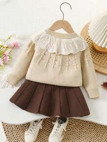 2 件套女童冬季服装针织开衫和百褶裙，可爱荷叶边毛衣夹克和裙子，儿童服装 - 卡其色 - 查看 2