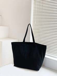 男士帆布单肩包，字母印花手提包，休闲托特包，大容量可重复使用购物袋，简约百搭经典款式（颜色可能因批次略有不同） - 米色 - 查看 14