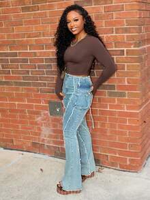 Steph T Camiseta corta de un solo color, ropa de otoño, tops con estilo universitario de manga larga para mujer