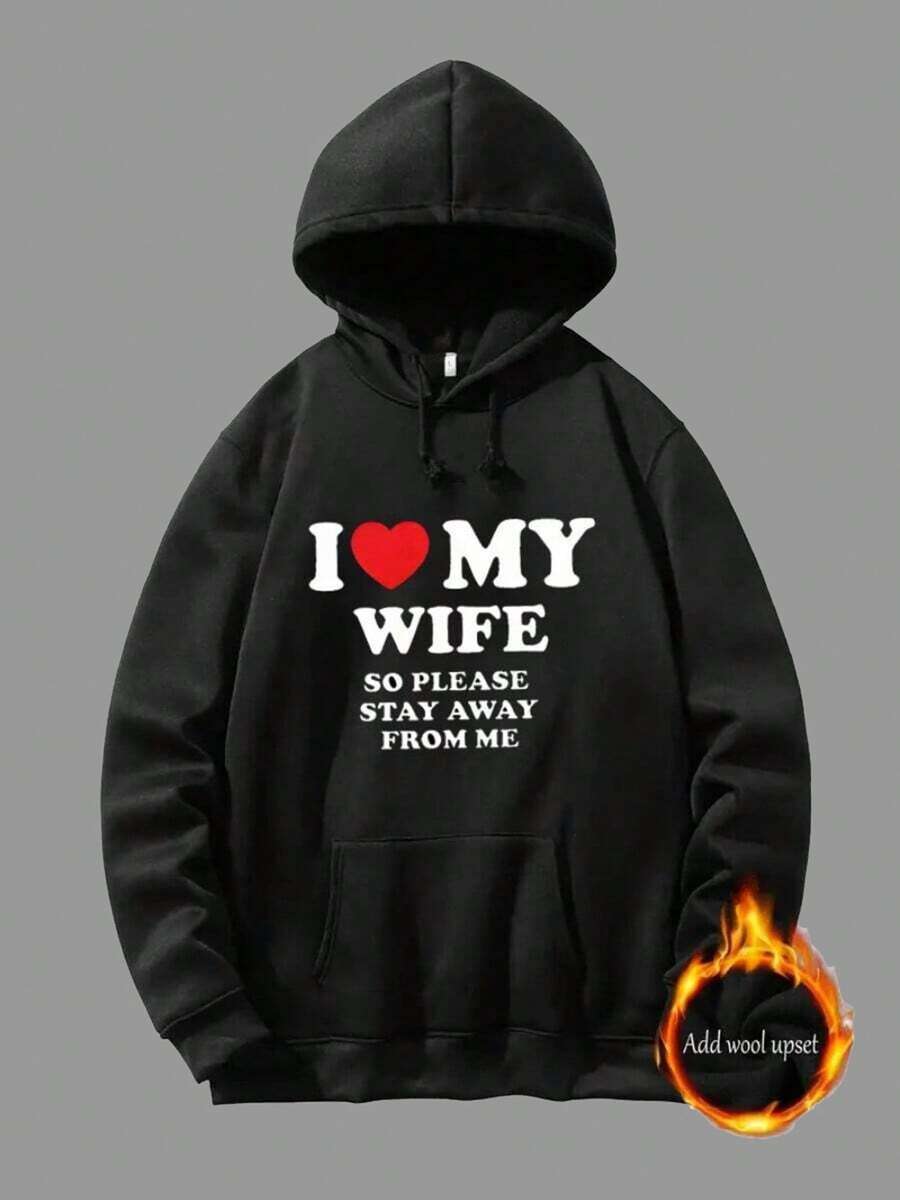 "I LOVE MY WIFE " Printed Men's Graphic Hoodie - Comfortable Casual Pullover With Eye-Catching Design, Hooded Sweatshirt For Fall/Winter, Complete With Handy Pocket - A Perfect Gift Choice For Thanksgiving And Christmas Day,Fall Hoodies,Men's Fall Clothes,Street Wear,Halloween,Mens Hoodies,Y2k Clothes,Jesus Hoodie,Thanksgiving Day,Nightmare Before Christmas,Christmas - 黑色 - 查看 1
