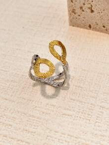 1pc Stainless Steel Bicolor Feather & Flower Twist Design Ring, Tarnish Resistant, Suitable For Autumn/Winter Wear, Home, Daily, Gift, Party