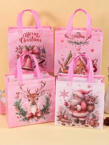 4/8 pièces Sacs fourrés roses de Noël avec poignées, motif de Père Noël, d'élan et de cloche, sacs cadeaux réutilisables, sacs de courses, sacs non tissés, sacs de faveurs de fête, décorations de Noël festives pour la maison, cadeaux de Noël 2025, emballages de Nouvel An 2026 (quatre motifs)