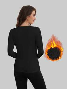 Women's Thermal Underwear V-Neck Long Sleeve Thermal Lined Autumn/Winter Base Layer Top, Warm Sleepwear - Black - View 3