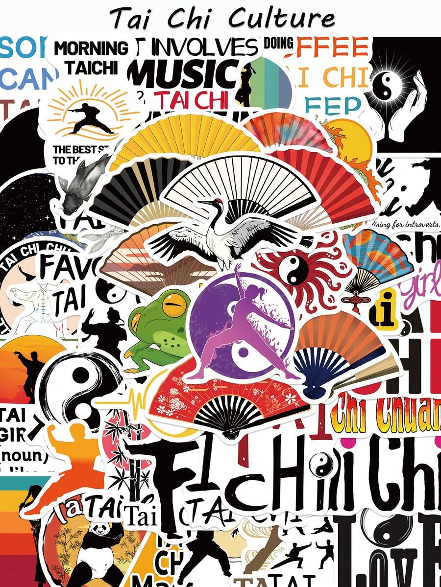 50张太极文化贴纸 美学文字 扇子武术家贴纸 DIY笔记本手机吉他文具日记本青少年玩具贴纸 - 彩色 - 查看 1