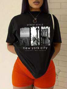 Camiseta de manga corta con estampado de paisaje y letras para el verano, estilo STREET STYLE - New York City, EMPIRE STATE, LIBERTY, BROOKLYN, camisetas gráficas para mujer - Negro - Ver 6