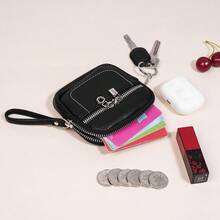 时尚真皮双拉链隔层卡包钥匙扣多功能迷你钱包男女通用零钱包迷你钱包腕包旅行钱包小钱包 - 黑色 - 查看 6