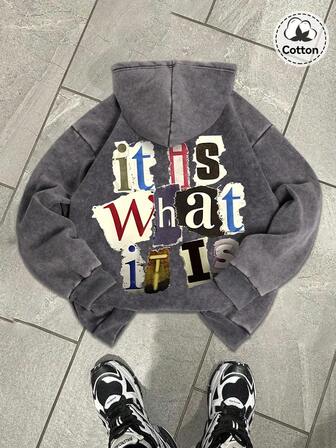 Autumn And Winter "It Is What It Is" Pattern Men's Hooded Sweatshirt Top, Slightly Elastic Fit Washed And Distressed Cotton Fleece Grey Long-Sleeved Cardigan Zipper Sweatshirt, Outdoor Daily Casual Back-To-School Season Jacket