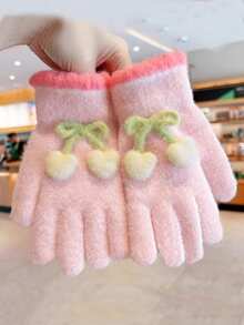 1 Pair Kids Winter Full Finger Gloves, Girls Warm Thermal Lined Thick Windproof Knitted Mittens For Outdoor Snow Play, Suitable For 6-12 Years Old - Cherry Full Finger Gloves - View 12
