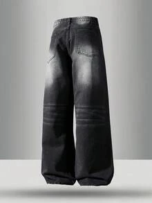 HEHCN 男士复古破洞宽松直筒牛仔裤，美式休闲街头阔腿牛仔裤，适合送给丈夫/男朋友的礼物，垃圾摇滚 - 黑色 - 查看 3