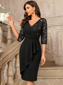 MIUSOL Klassisches Cocktailkleid mit V-Ausschnitt, Pailletten, Blumenspitze, Rüschenkragen, 3/4-Ärmeln und figurbetontem Schnitt