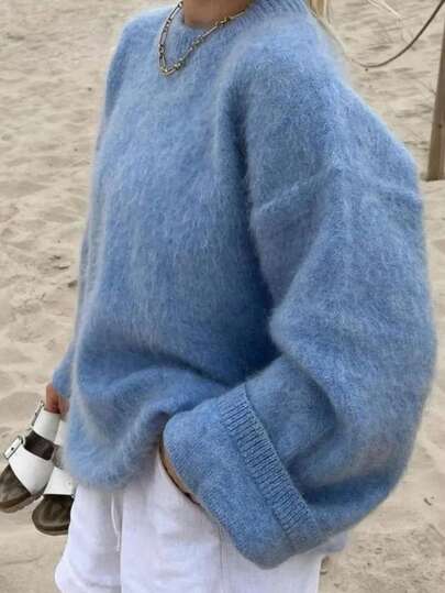 Senya Crew Neck Long Sleeve Solid Color Minimalist Knit Sweater, Women's Casual Commuter Pullover, Soft & Comfortable Loose Fit, Fashionable Top For New Year, Valentine's Day