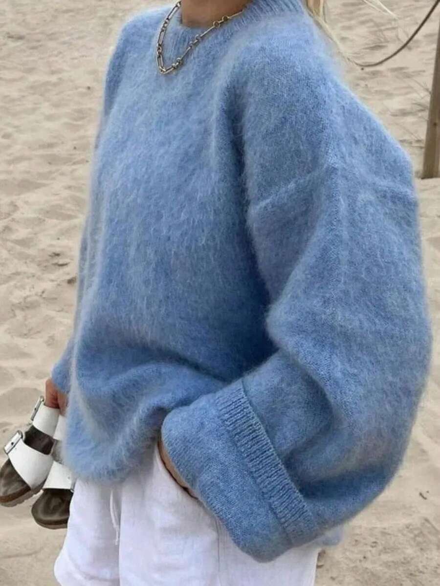 Senya 圆领长袖纯色简约针织衫，女士休闲通勤套头衫，柔软舒适宽松版型，新年、情人节时尚上衣 - 藍色 - 查看 1