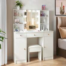 Dressing Table Vanity W/ LED Mirror Stool Drawers Set Makeup Desk UK - White - View 7