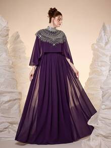 Mgiacy-Classy High Neck Sequin Elegant Evening Gown, Embroidered Pearl Collar Shawl, Chiffon, Suitable For Formal Dinner, Party Dress, Wedding Guest Dress - Dark Purple - View 5