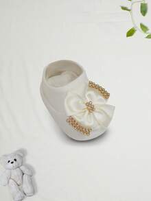 4 Piece Set: Long Sleeve Bodysuit With Booties, Hairband And Ribbed Knit Pants / Baby Girl Set With Booties And Straw Hair Bow - Champagne - View 7