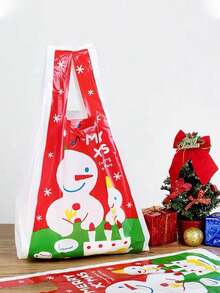50/10pcs Christmas Gift Bags With Handles - PE Plastic Tote For Weddings, Birthdays, Parties - Red & White Snowman Design, Festive Patterns, For Holiday Presents, Christmas Gift Bags, Party Favor Bags