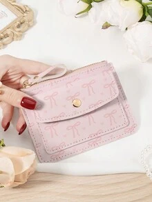 Pink Bow Love Pattern Bag,Elegant Wine Red Leather Card Holder With Flip Closure & Multi-Card Slots – Premium Short Wallet For Credit Card, Bank Card, And Coin Storage, Durable & Scratch-Resistant, Perfect For Travel, Shopping, And Gifting To Girlfriend, Mother, Or Teacher - Pink - View 3