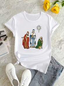 Camiseta casual para mujer con estampado de Reyes Magos y estrella, textura suave, ajuste holgado, cuello redondo, manga corta, primavera/verano, ideal para fiesta, playera - Blanco - Ver 1