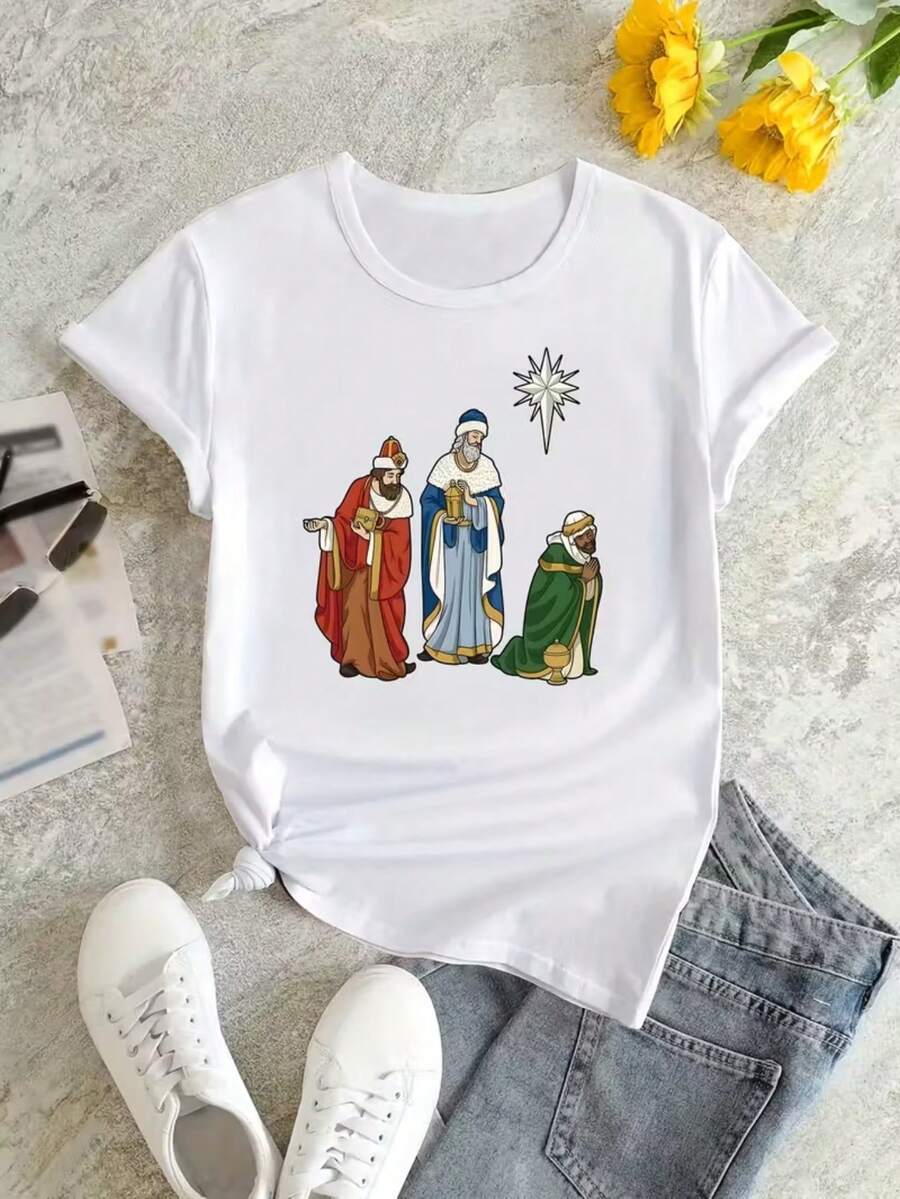 Camiseta casual para mujer con estampado de Reyes Magos y estrella, textura suave, ajuste holgado, cuello redondo, manga corta, primavera/verano, ideal para fiesta, playera - Blanco - Ver 1