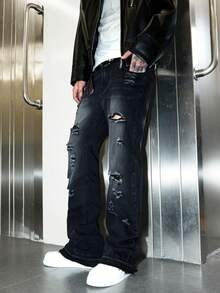 Men's Denim Flare Jeans, Skinny Fit Pants, Distressed Flare Jeans With Patches, Y2K Stacked Jeans, Contrast Washed Embroidered Jeans, Suitable For All Seasons - Black - View 7