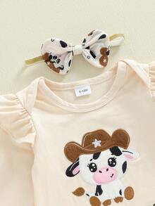 Conjuntos de bebé niña con bordado de vaca, manga larga, cuello redondo, mono con patrón, falda, lazo, diadema, calcetines largos - Caqui - Ver 4