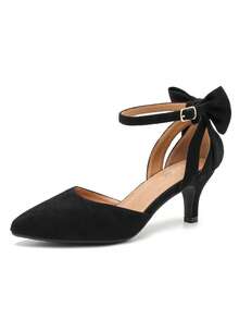 MAIERNISI JESSI Women's Wedding Evening Party Bow Kitten Heels Pumps Ankle Strap Buckle Dress Shoes - 黑色絨面 - 查看 11