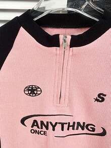 女童休闲插肩袖字母刺绣 T 恤,8-12 岁 - 粉色 - 查看 5