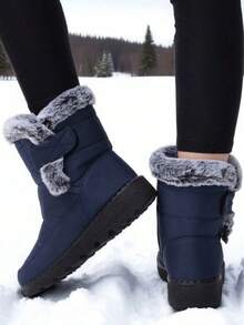 36-45 Size Outdoor Thermal Lined Thick Snow Boots For Women, Mid-Calf Round Toe Flat Heel Plus Size Waterproof Anti- High-Top Boots, Cold-Resistant, Middle-Aged Boots, Black - 藍色 - 查看 3