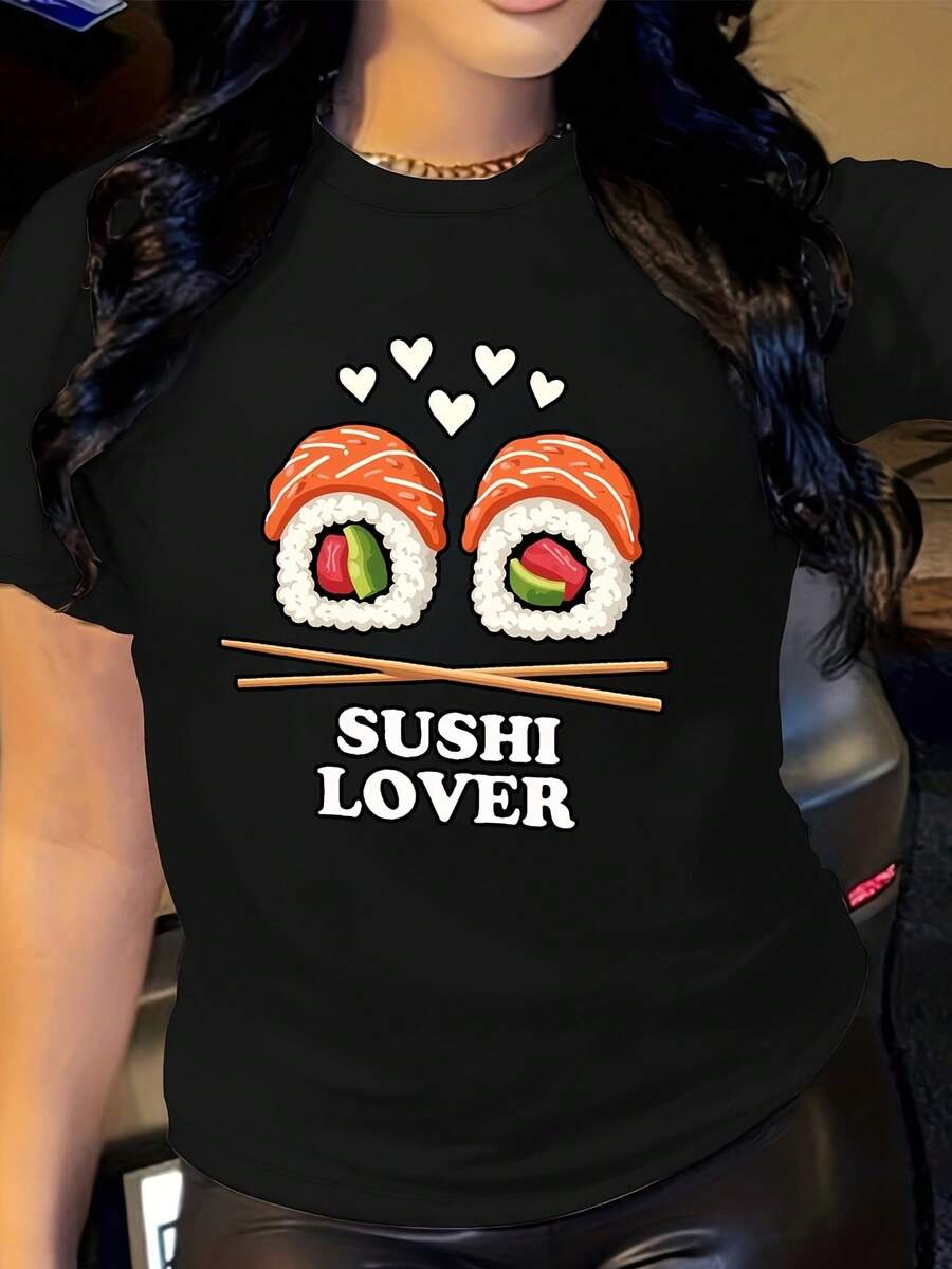 Women's Sushi Lover Salmon Roll Graphic T-Shirt - 100% Casual Japanese Food Print With Salmon Nigiri & Maki Roll Design, All-Season Comfort Fit For Casual Attire & Themed Events - 黑色 - 查看 1