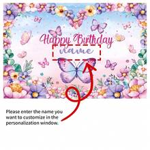 Customizable Personalized Pink Purple Butterfly Themed Party Birthday Backdrop Banner With Spring Pink Flowers And Butterflies Birthday Party Theme Customizable Name Happy Birthday For Birthdays Perfect For Photo Booths & Celebrations, Summer Holiday - White - View 6