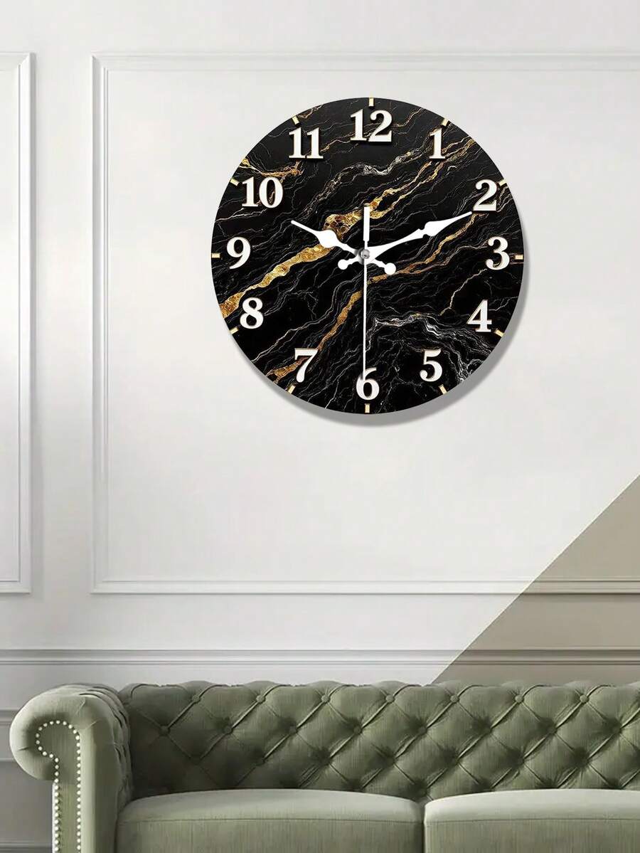 1 Stück 10/12 Inch runde Holz Wanduhr - Schwarze Marmorstruktur mit goldenen Adern, geräuschlos ohne Ticken, batteriebetrieben, moderne Dekoration für Zuhause, Büro, Schlafzimmer, perfektes Geschenk zum Valentinstag, Ostern, Muttertag (Batterien nicht enthalten), Uhr für Wohnzimmer, zeitgenössischer Stil, hochwertige Verarbeitung, stilvolle Zeitmessung, für Innenarchitekten, flach