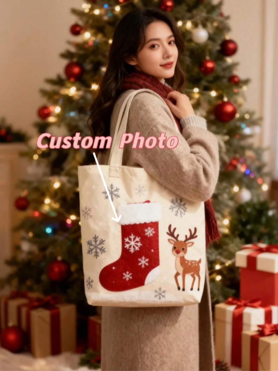 Customized Christmas Deer Women's One Shoulder Canvas Tote Bag - Multicolor - View 1