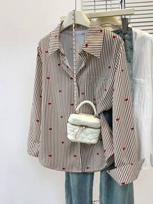 Damen Hemd mit Herz-Muster und Streifen, Knopfkragen mit Taschen, elegant für Büro, Pendeln und Freizeitbekleidung, geeignet für Herbst, Winter und Frühling - Khaki - Übersicht 1
